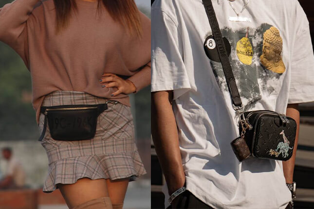 uma mulher na esquerda usando pochete e um homem na direita usando shoulder bag